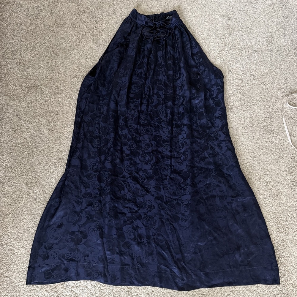 Vintage Argenti 100% Silk Jacquard Halter Dress Trapeze Navy Midi Size 10